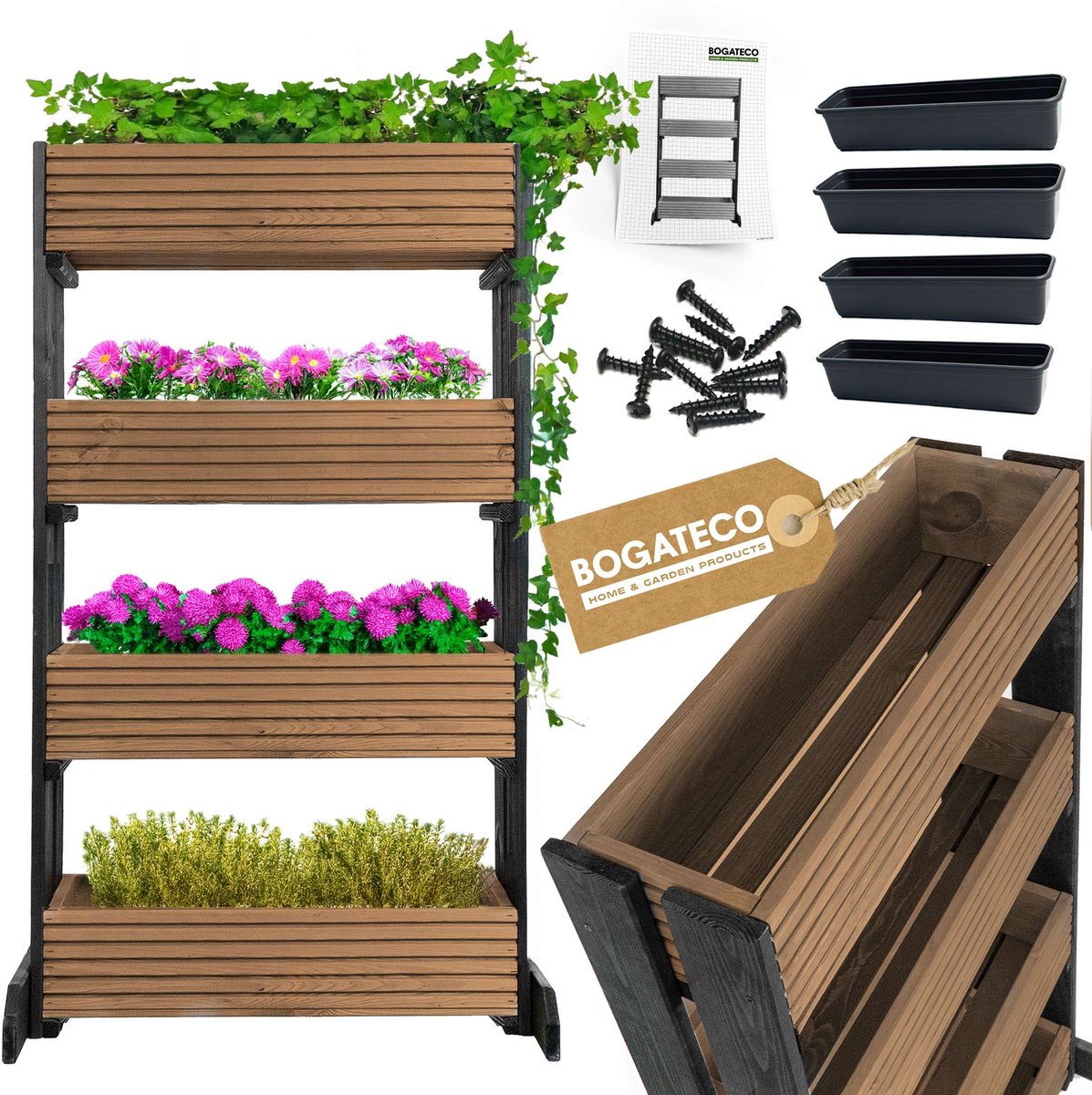 BOGATECO | Set van 4 bloempotten op standaard | Set van 4 bloempot plantenbakken 64x20cm | Houten bloempotten voor tomaten en bloemen, plantenbak voor tuinbalkon | 120cm hoog | Donkerbruin
