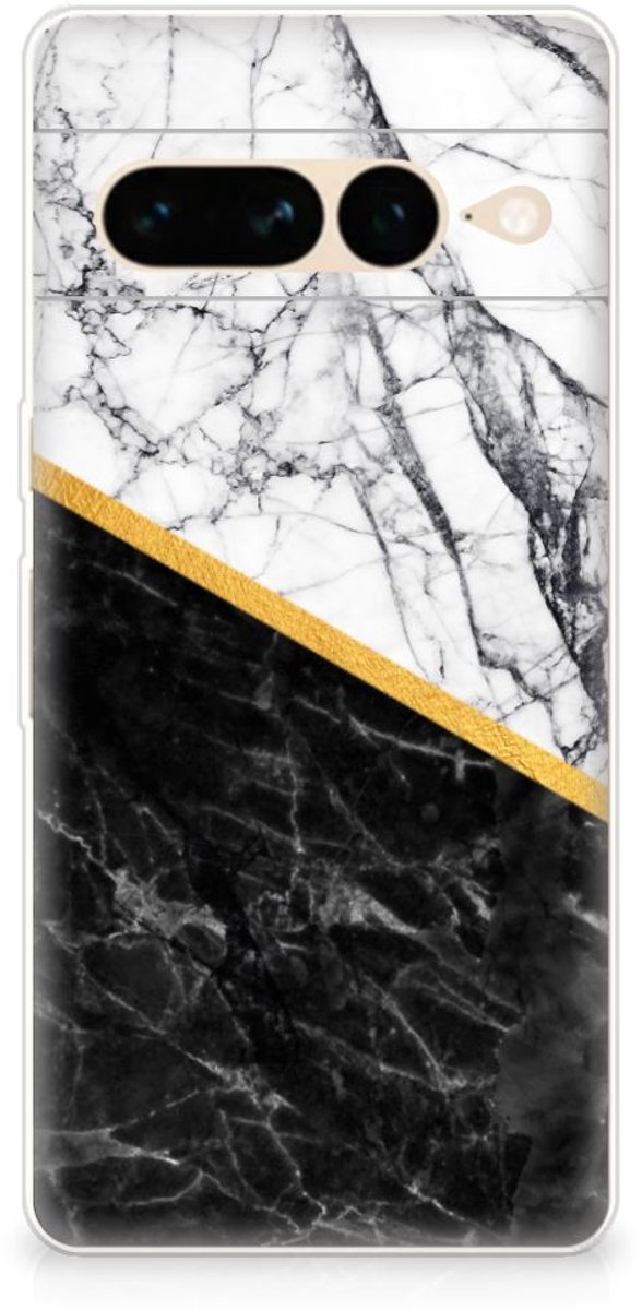 Google Pixel 7 Pro TPU Siliconen Hoesje Marmer Wit Zwart - Origineel Cadeau Man