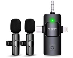 Clerby Draadloze Microfoon - 2 Stuks - Lavelier Microfoon - USB C/Lightning/AUX - Dasspeld Microfoon - Mini Bluetooth Microfoon - Plug & Play