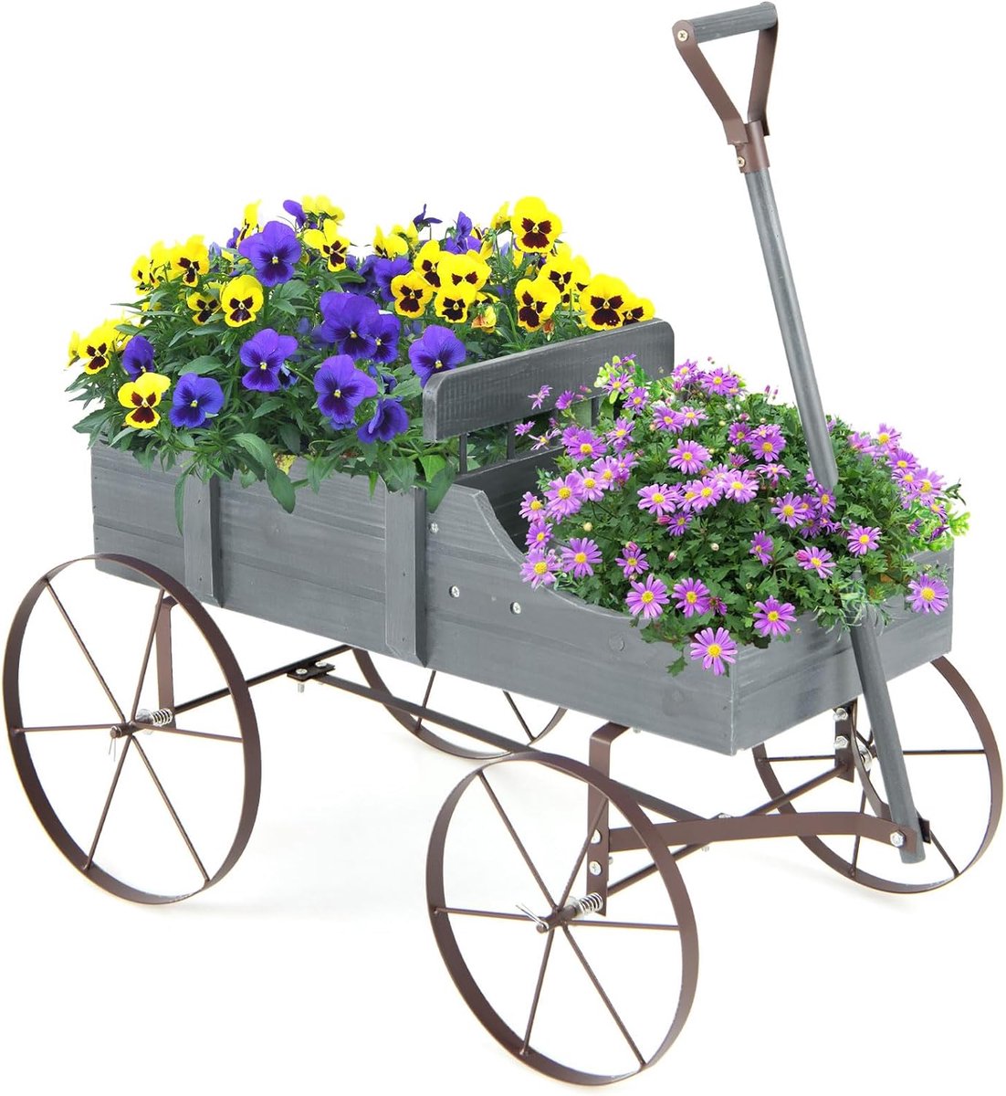 COSTWAY Bloemenstandaard, houten wagen, plantenwagen met wielen, van metaal, bloembak, plantenstandaard voor tuin en terras, 62 x 34 x 60 cm