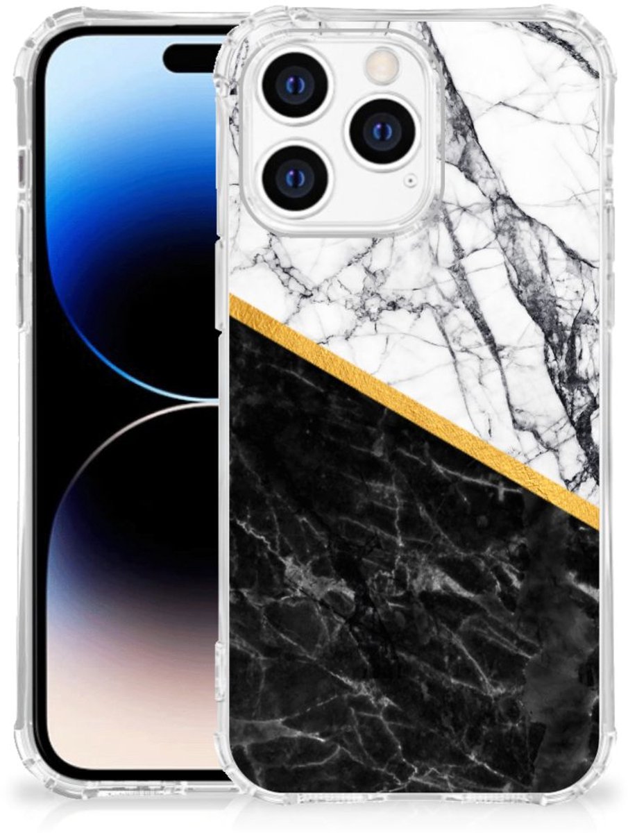 Apple iPhone 14 Pro Max Anti-Shock Hoesje Marmer Wit Zwart - Origineel Cadeau Man