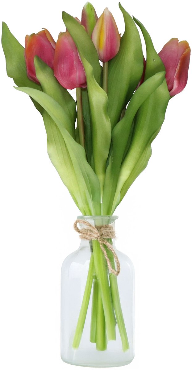 Bellatio Design Kunst tulpen boeket Vermeer - 7x stuks - geel/paars - real touch - 31 cm