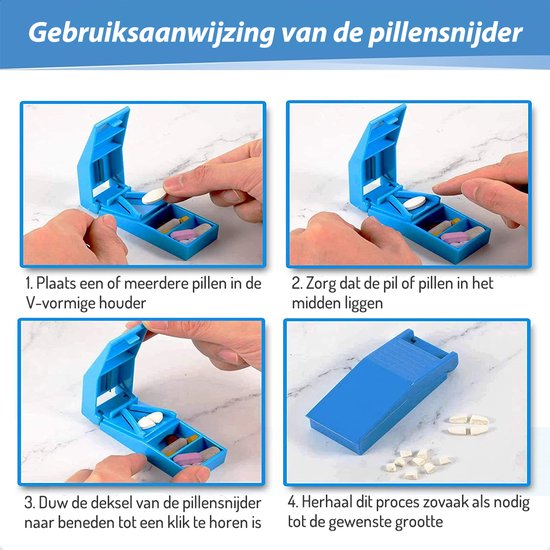 Gebruiksaanwijzing van de blauwe pillensnijder: pil plaatsen, centreren, snijden en herhalen.