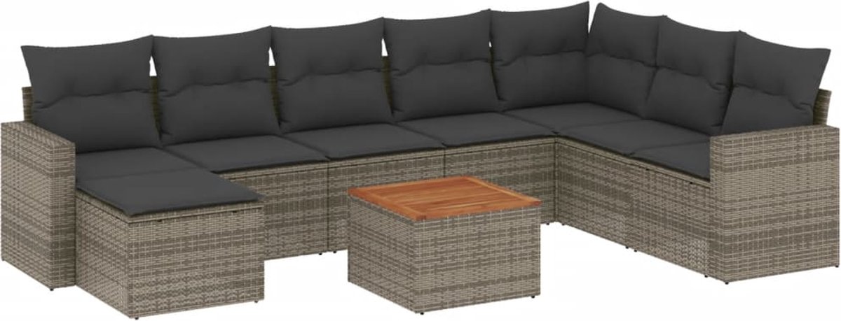 The Living Store 9-delige Loungeset met kussens poly rattan grijs - Loungeset - Tuinlounge - Buitendining - Lounge Set - Tuinmeubels