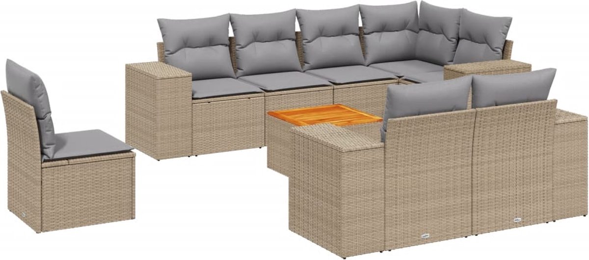 The Living Store 9-delige Loungeset met kussens poly rattan beige - Loungeset - Tuinmeubels - Buitendecoratie - Lounge Set - Relaxstoel