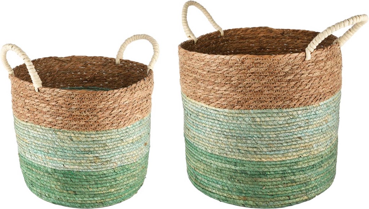 dekoratief Set 2 manden m/handvaten, naturel/groen, jute, 40x40x34cm | A250083
