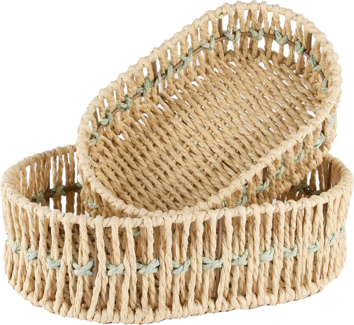 dekoratief Set 2 manden ovaal, naturel/groen, jute, 30x20x9cm | A250076
