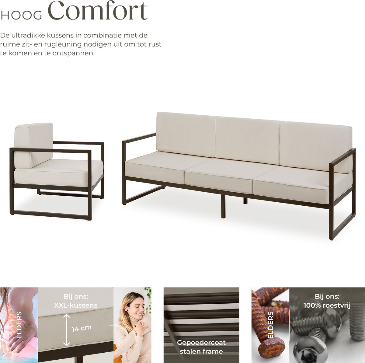 tectake® Tuinset Comosa - Loungeset voor 5 personen - Tuinbank - Loungebank en Twee Loungestoelen - Tuinstoelen met Waterafstotende en Ultradikke Kussens - Draagkracht 117 kg per Zitplaats - Bruin/Beige – foto 2