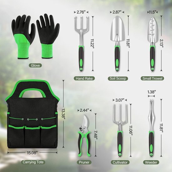 Ensemble d'outils de jardin Candala, outil de jardin, 7 pièces, en acier inoxydable, outil à main de jardin avec sécateur de jardin, râteau de jardin, trois pelles à planter, désherbeur, sac à main, cadeau de jardin pour le jardinage