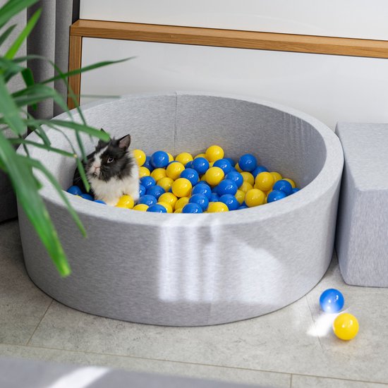 Petsona Rond ballenbad 90 x 30 cm met 200 schuimballen voor honden, katten, konijnen, huisdieren, gemaakt in de EU, lichtgrijs: grijs/wit/turquoise