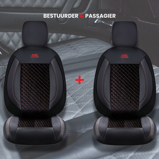 Housses de siège de voiture pour Volkswagen T-Roc 2017 sur mesure| Ensemble de 2 pièces | Siège conducteur + passager série AIS | AIS101 | Zwart avec coutures rouges