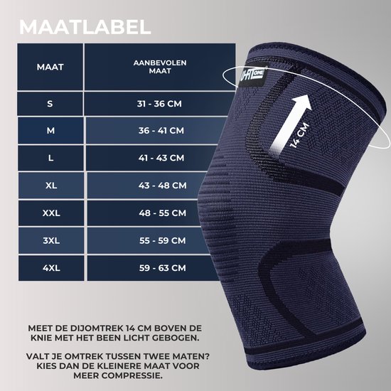 Maattabel voor kniebeschermers met maten S tot 4XL. 14 cm gemeten boven de knie.