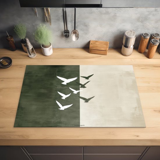 KitchenYeah© Inductie Beschermer 81x52 cm Keuken Decoratie Kookplaat Beschermer voor Inductiekookplaat Afdekplaat Anti Slip Mat - Japandi - Landschap - Beige