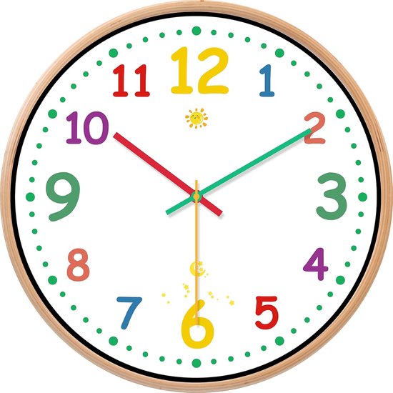 Horloge Murale Enfant 30cm - Chiffres Colorés, Mouvement Silencieux Quartz, Apprentissage Heure, Pile AA
