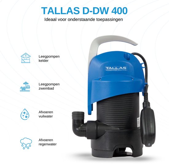 Blauwe Tallas D-DW 400 vuilwaterpomp met tekst en iconen voor kelder, zwembad, vuil- en regenwater.
