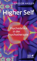 Boekomslag met abstract, caleidoscopisch patroon in paars en rood, titel 'Higher Self – Psychedelika in der Psychotherapie'.