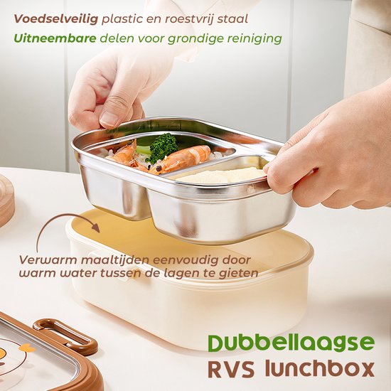 Lunch box - Bento box - Lunch box adulte - Lunch box enfant - Lunch box inox - Lunch box compartimentée - Lunch box - Hermétique et anti-fuite - Sans BPA - Marron