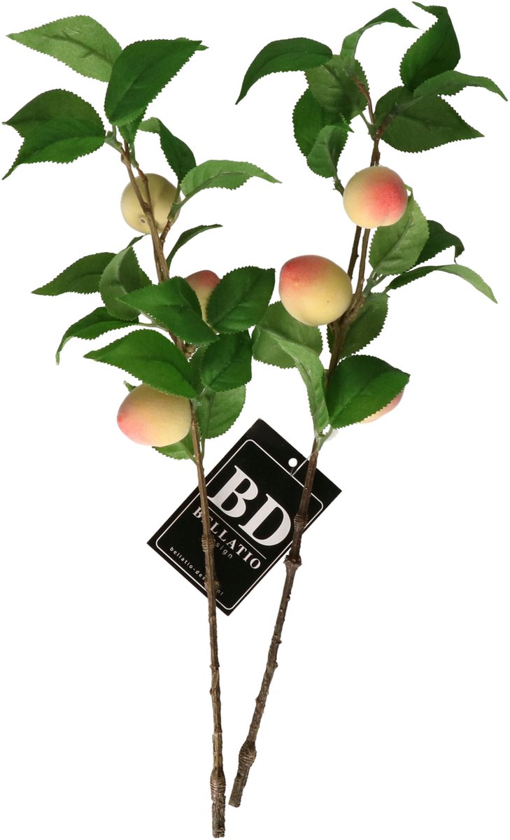 Bellatio Design Kunstbloem fruit tak Perzik - 2x - 40 cm - losse steel - kunst zijdebloemen Perzik oranje