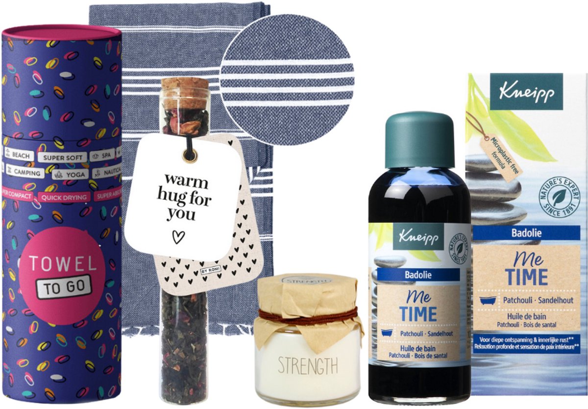 Goedkoopste Kneipp Cadeauset Bad Me Time Luxe Hamam Handdoek - Kneipp Bad Olie 100 ml Me Time - Towel To Go Hamamdoek Donkerblauw - My Flame Kaars Glaasje Strength
