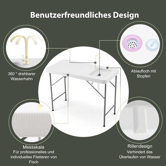 COSTWAY Opklapbare filetietafel met gootsteen, meetschaal en kraan, draagbare campingtafel, outdoorspoelbak, visreinigingstafel voor tuin, camping, vissen, 115 x 59 x 93,5 cm van Costway — afbeelding 2