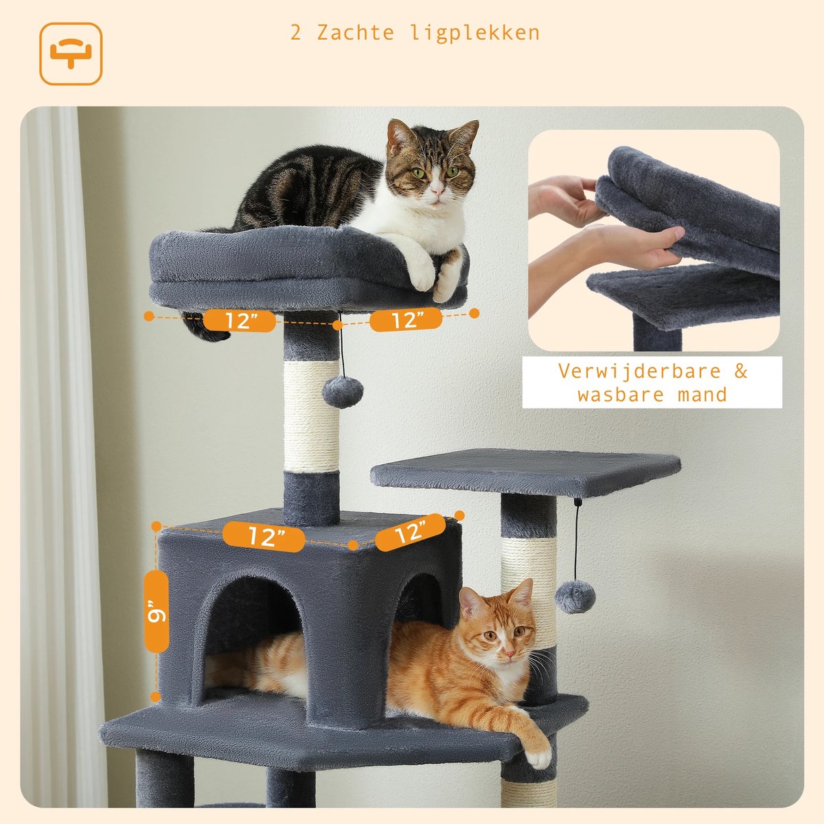 SteeFly® Luxe kattenboom 164 cm - Donkergrijze krabpaal - 10 ligplekken & 8 niveaus - Stevig speelparadijs voor katten