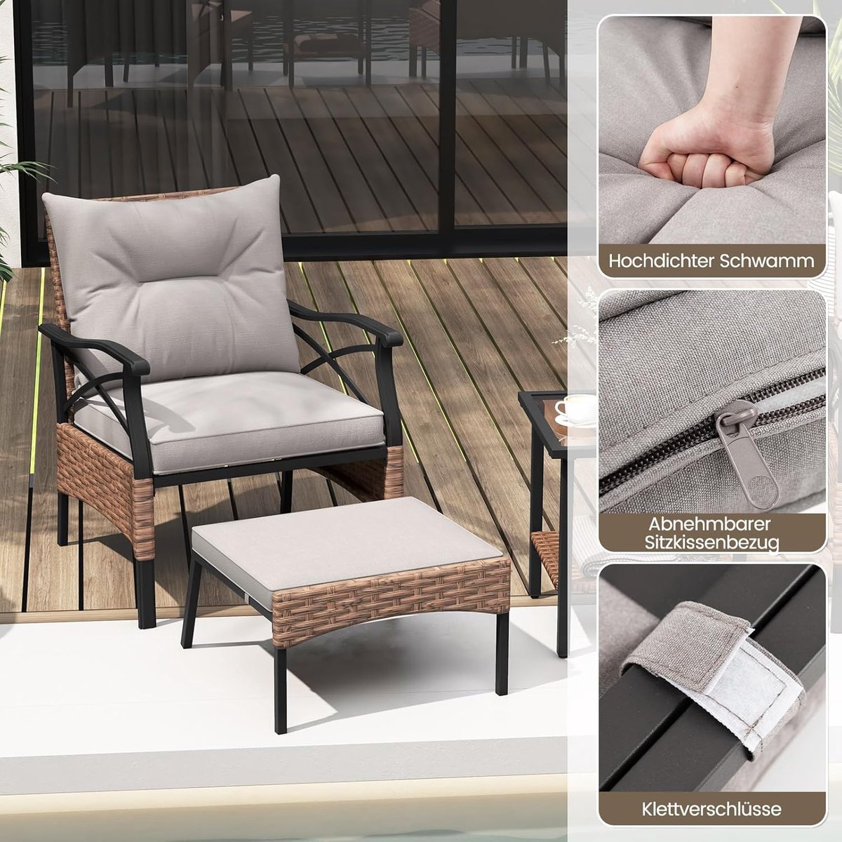 COSTWAY 5-delige rotan tuinmeubelset, 2-traps bijzettafel, 2 stoelen met kruk, terrasmeubels, balkonmeubels 2 personen, tuingarnituur incl. zitkussens en rugkussens thumbnail 2