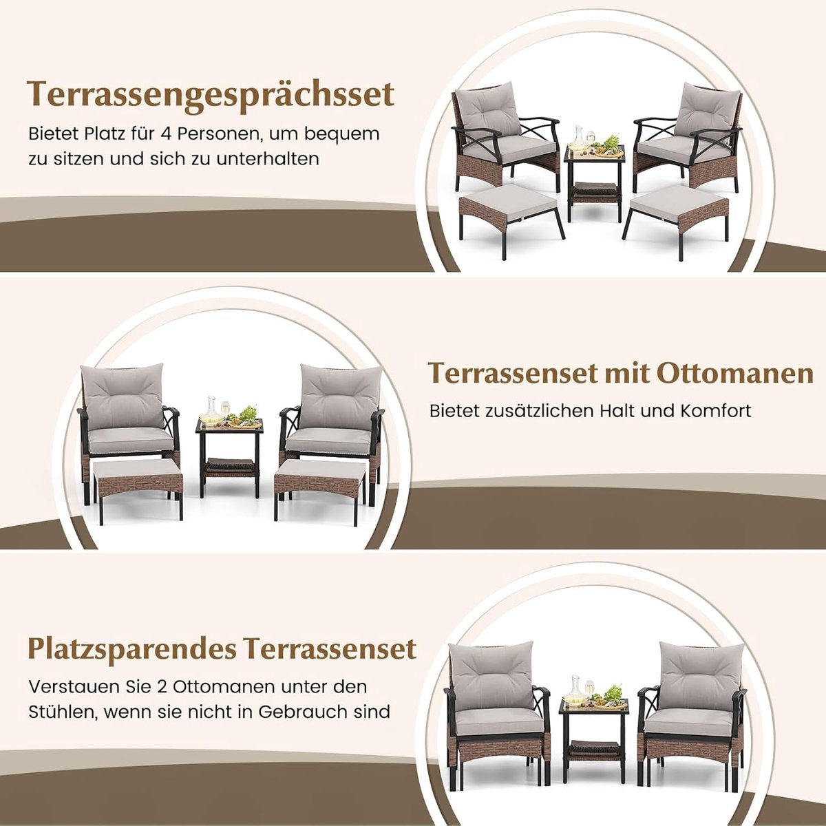 COSTWAY 5-delige rotan tuinmeubelset, 2-traps bijzettafel, 2 stoelen met kruk, terrasmeubels, balkonmeubels 2 personen, tuingarnituur incl. zitkussens en rugkussens thumbnail 4
