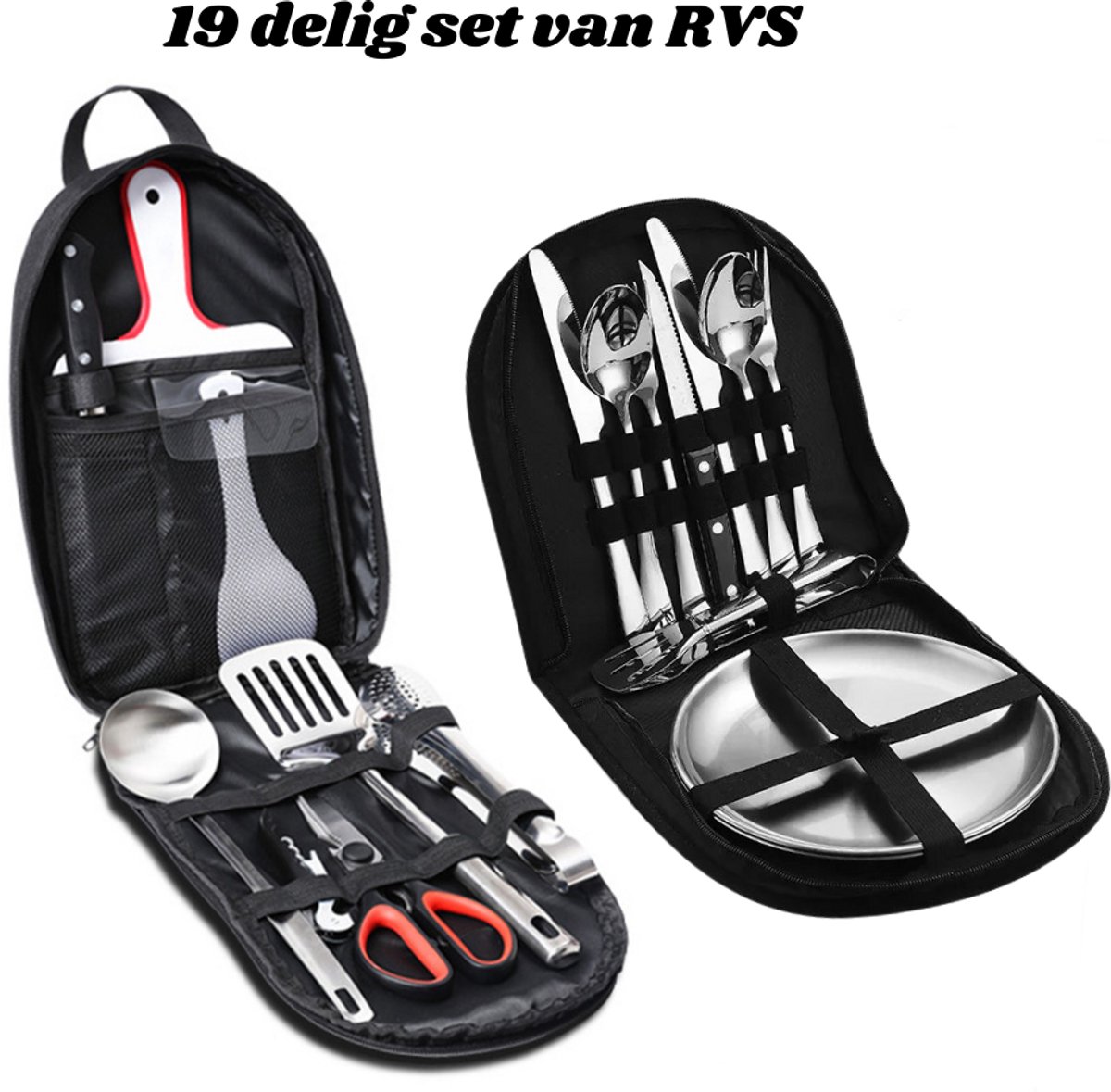 Camping Luxe keuken gerei - RVS - Keukenset 19 st - Keuken bestek - BBQ Bestek - Bestekset