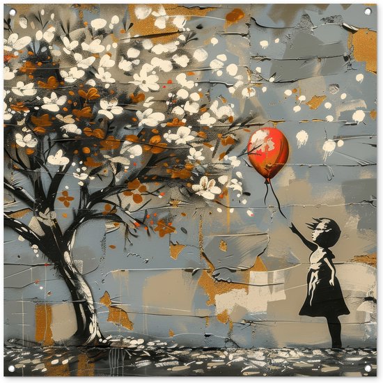 Een meisje in silhouet houdt een rode ballon vast onder een bloeiende boom. Graffiti-stijl kunstwerk met grijze, textuurrijke achtergrond.