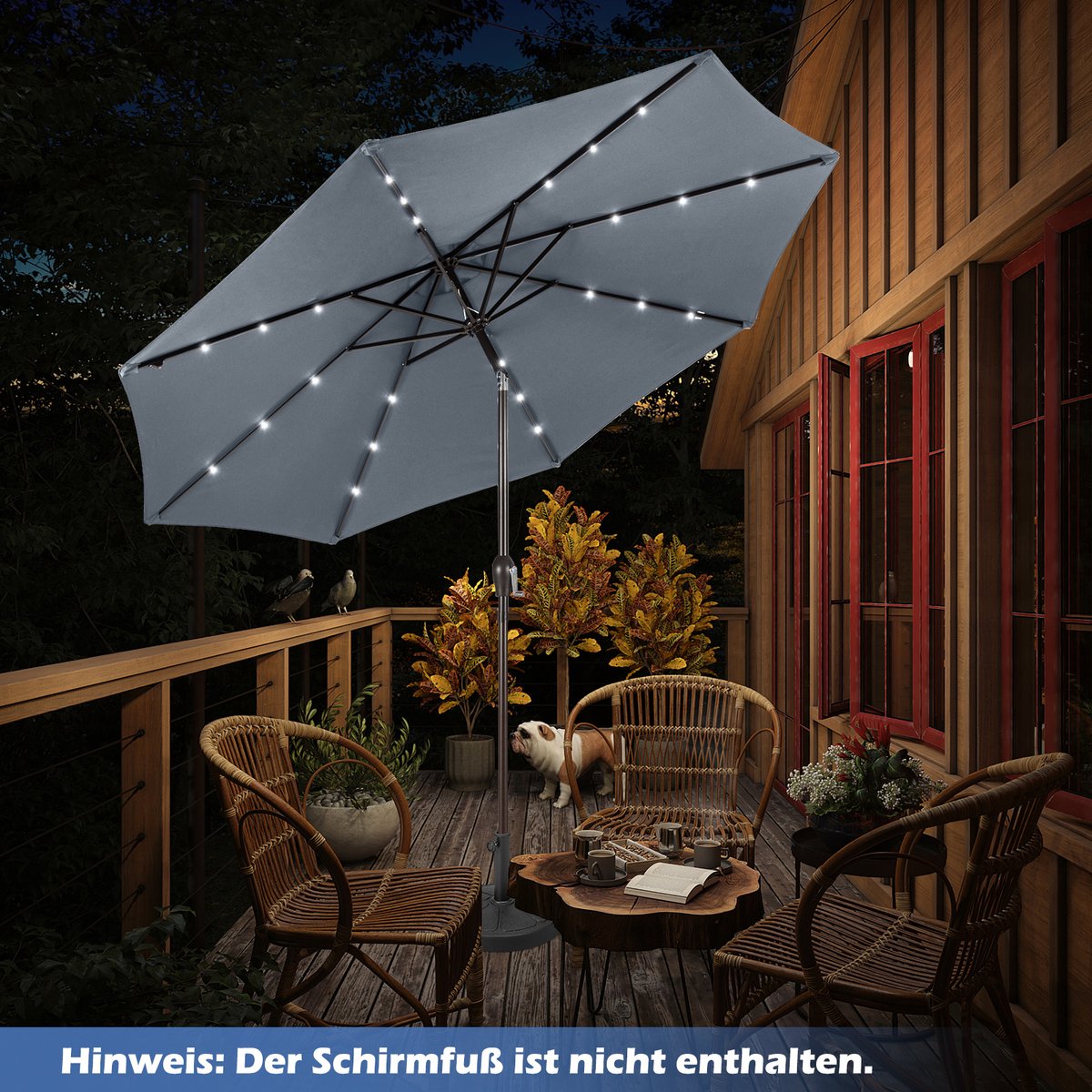 COSTWAY Parasol 300 cm met led-verlichting, parasolvoet niet inbegrepen, tuinparasol met zwengel, aan beide zijden 30° knikbaar, terrasparasol met 8 ribben, marktscherm voor tuin, balkon (grijs) – foto 5