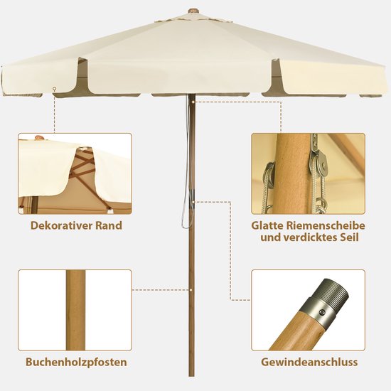 COSTWAY Parasol 300 cm, Parasolvoet Niet Inbegrepen, houten tuinparasol, balkonscherm, terrasparasol, marktscherm voor tuin, balkon, terras, zwembad, beige