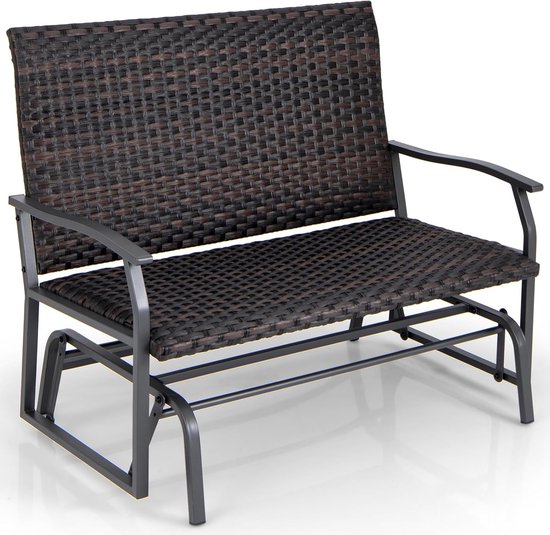 Banc de jardin COSTWAY en polyrotin, banc pivotant résistant aux intempéries avec mouvement coulissant doux et rembourrage en coton confortable, banc 2 places, capacité de charge jusqu'à 360 kg, banc de terrasse pour balcon, jardin, terrasse