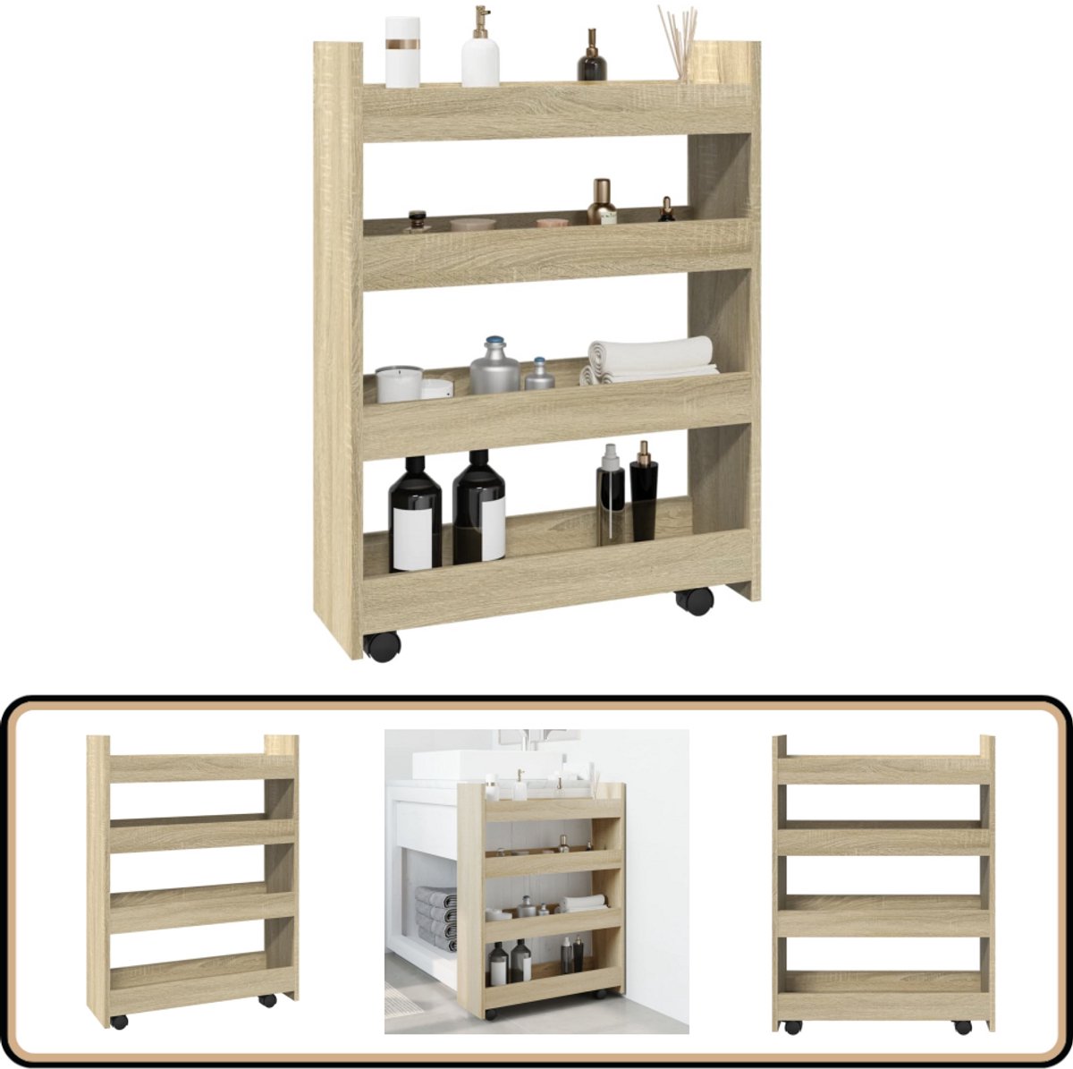 Smalle Opbergtrolley Zwart Eiken 60 x 20 x 82 cm Bewerkt hout kopen
