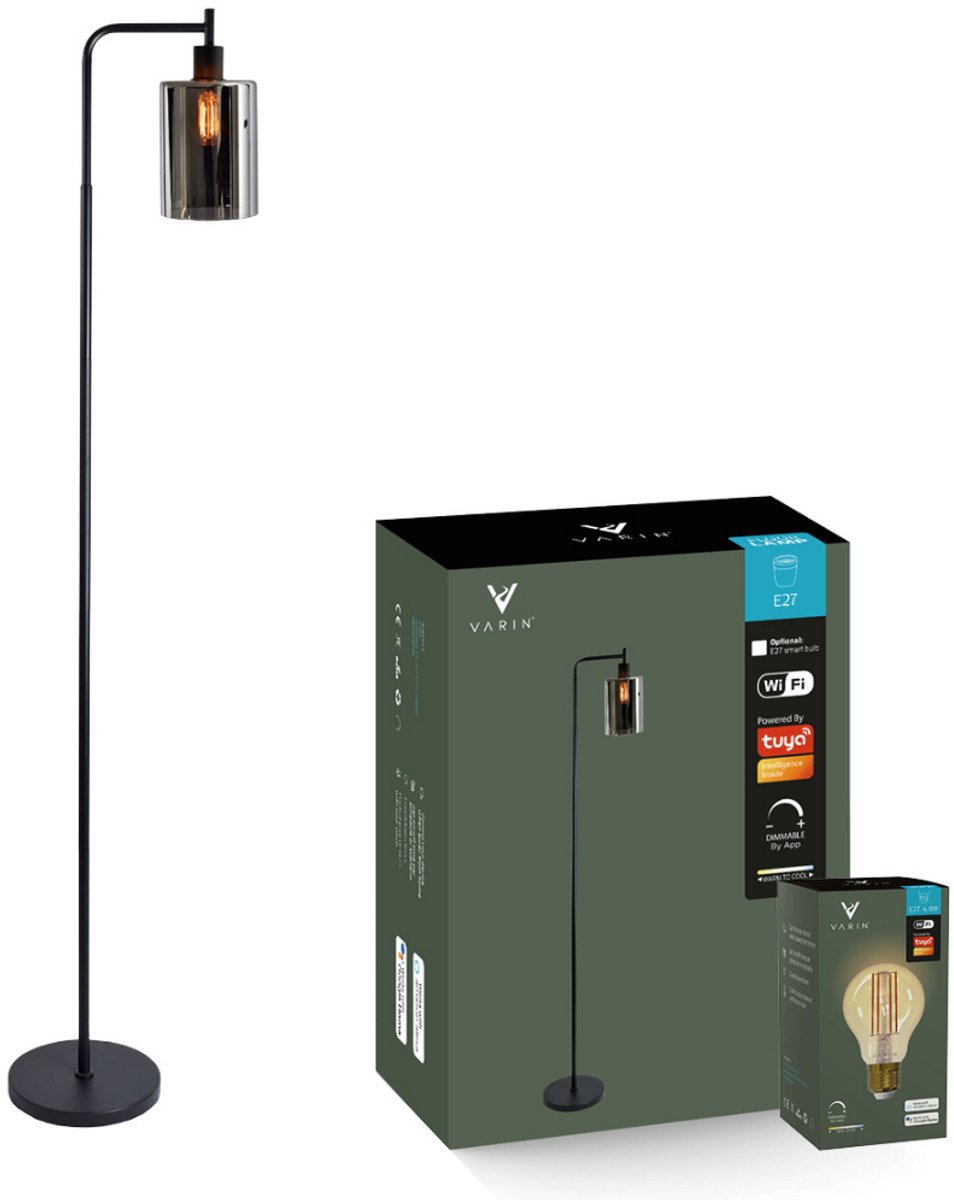 Varin® Design Vloerlamp met Smoke glas - Zwart - incl. E27 LED Filament - Warm wit instelbaar - Dimbaar - Tuya wifi - Smart lamp - Slimme staande lampen - Vloerlamp woonkamer - Staande lamp - Modern industrieel - Design vloerlampen - Sfeerlamp