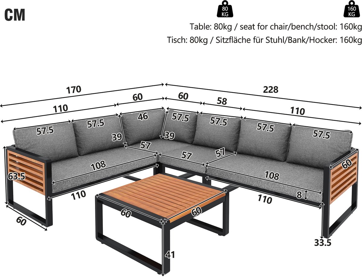 5-6 persoons Tuinset met verzinkt ijzeren frame, modern buitenbankje met houten armleuningen – foto 2
