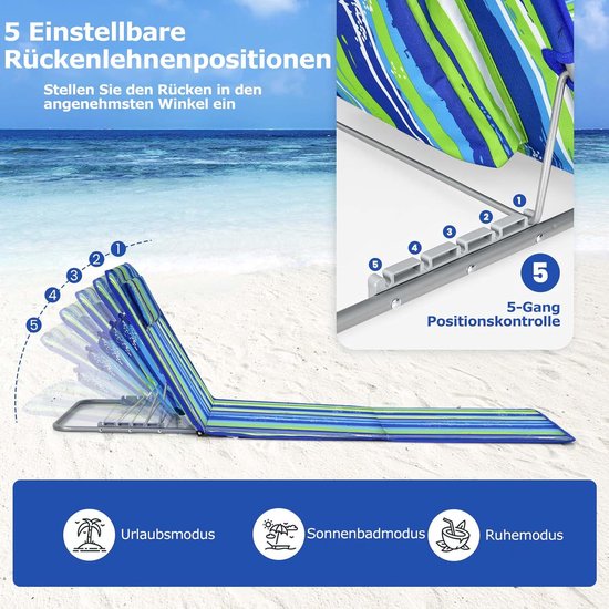 COSTWAY Set van 2 strandmatten met bijzettafel, hoofdkussen en opbergvak, ligmat met verstelbare rugleuning, opvouwbare zonmat, licht, draagbaar, strandstoel voor het strand (groen) van Costway — afbeelding 2