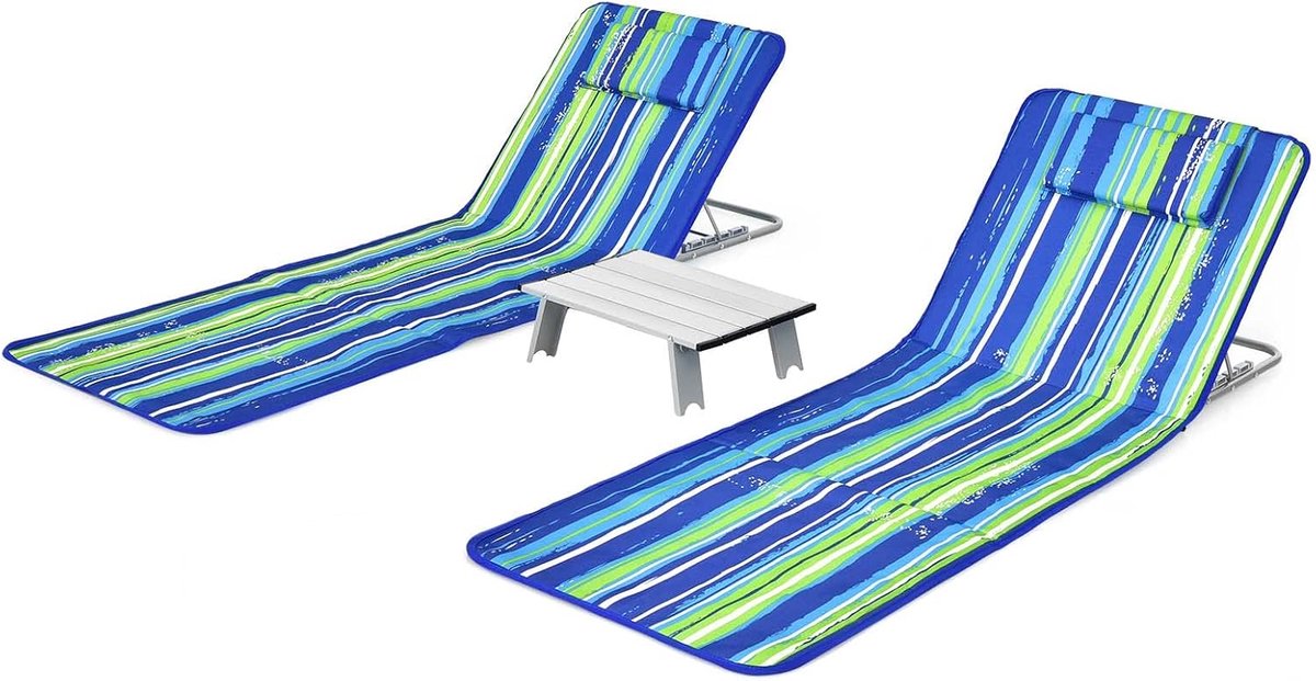 COSTWAY Set van 2 strandmatten met bijzettafel, hoofdkussen en opbergvak, ligmat met verstelbare rugleuning, opvouwbare zonmat, licht, draagbaar, strandstoel voor het strand (groen)