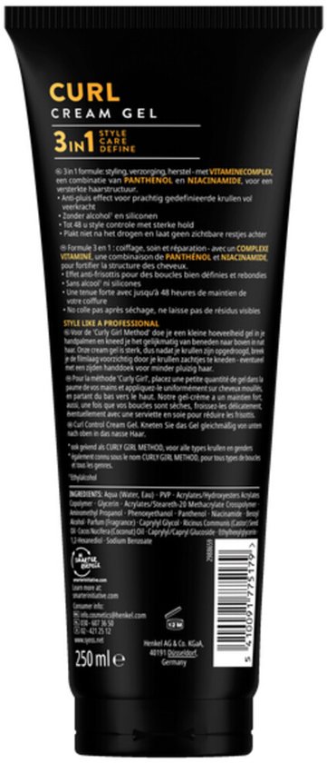 Achterkant van de Syoss Curl Cream Gel tube, met ingrediënten en gebruiksaanwijzing in Nederlands en Frans.