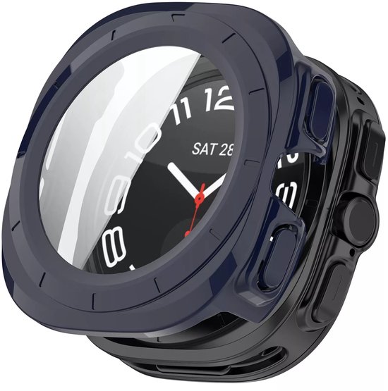 Strap-it Hard case hoesje met screen protector van glas - geschikt voor de Samsung Galaxy Watch Ultra / Ultra 2025 47mm (donkerblauw)