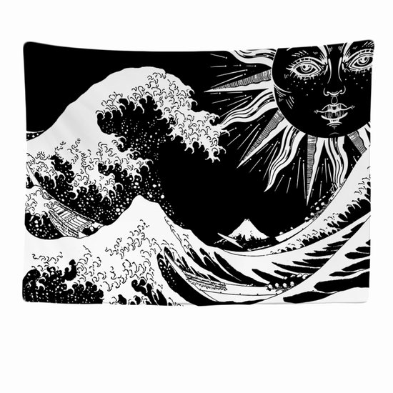 Ulticool - Waves Sun Nature - Hippie Bohemian - Tapisserie - 200x150 cm - Groot tapisserie - Affiche - Zwart/ Wit