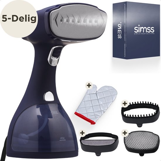 Simss® - Kledingstomer - Krachtige Handstomer voor Kleding en Meubilair - Stoomapparaat met 3 Opzetborstels - Snelle opwarmtijd - Inclusief Warmtebestendige Handschoen - 1500W - 300ml - Steamer - Elegant design - Mat - Blauw