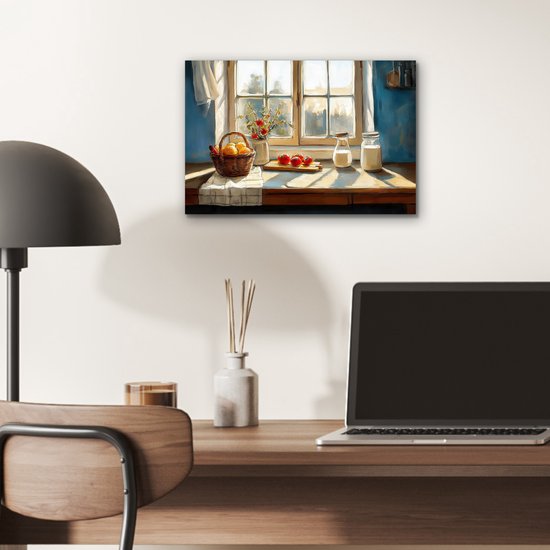 Een stilleven van fruit, tomaten en melk bij een raam, hangend boven een bureau met laptop.