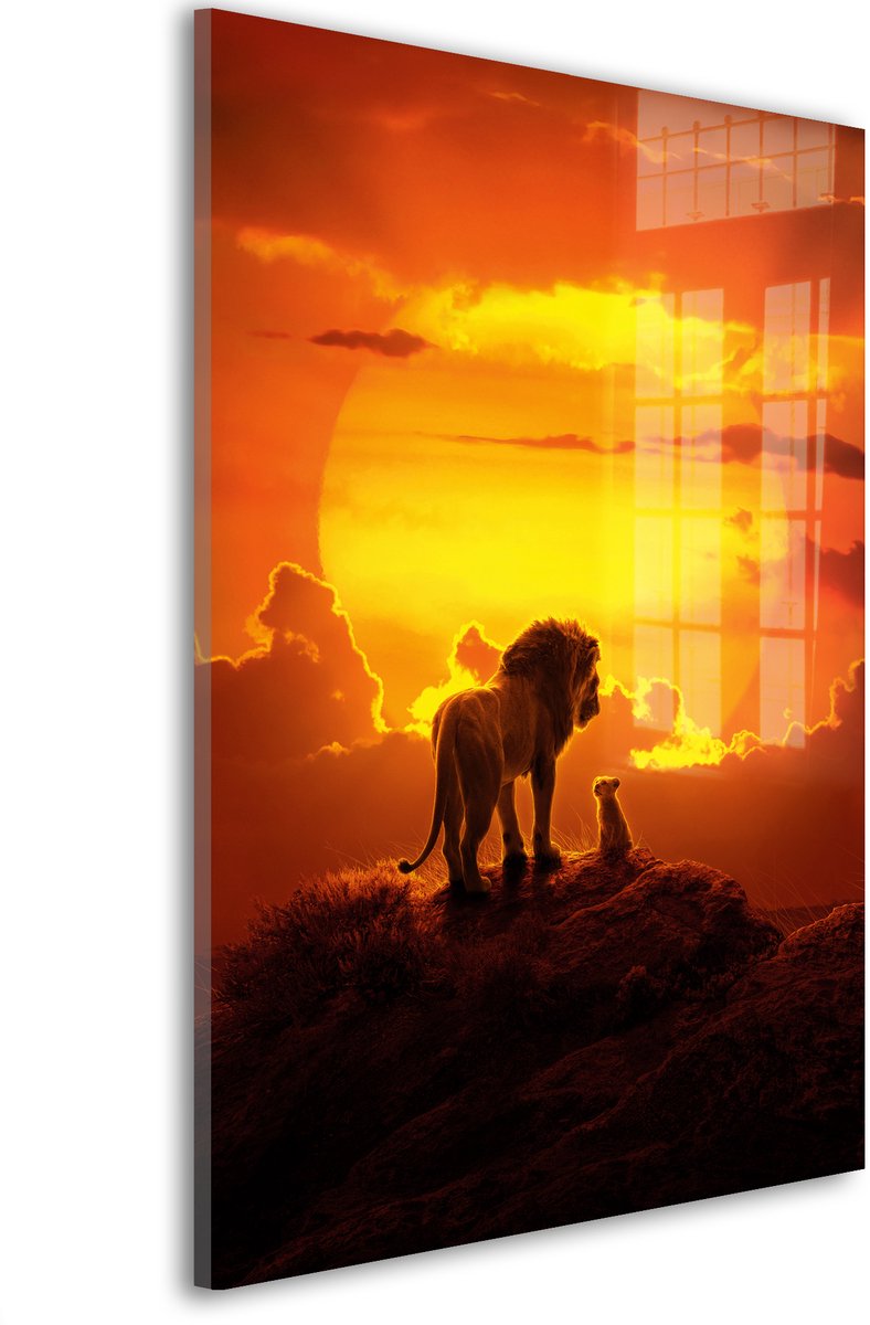 Glasschilderij Zonsondergang der koningen - 60 x 40 cm - Leeuw - Dieren - Acrylaat - Inclusief wandbevestiging - Foto op plexiglas - Wanddecoratie woonkamer – Modern – Modern