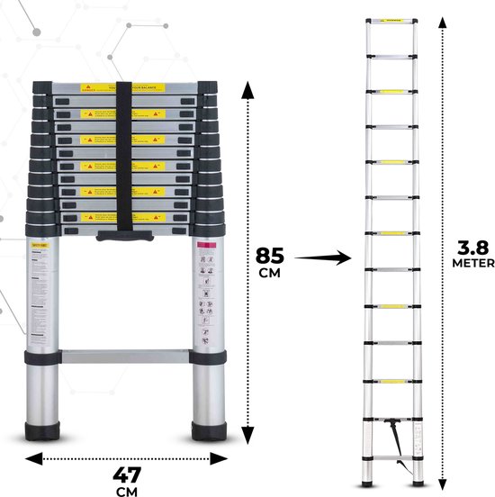 De telescopische ladder is 85 cm breed en 47 cm hoog in gesloten toestand, en 3,8 meter hoog in uitgeschoven toestand.