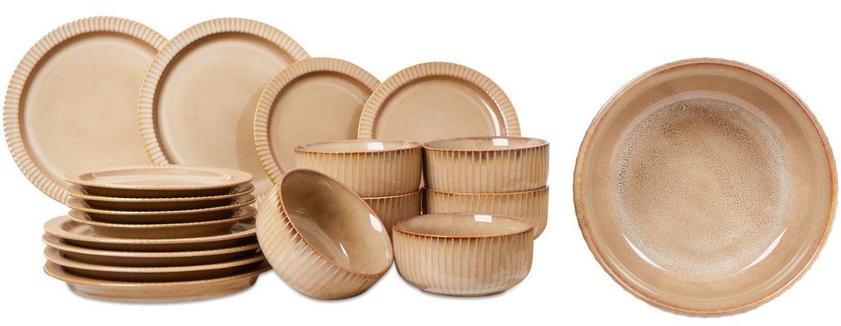 Fameilleur stijlvolle 18-delige Bordenset- Beige Keramiek, Vaatwasserbestendig, Uniek Reactief Glazuur, 6 Dinerborden, 6 Ontbijtborden, 6 Kommen – Perfect voor Iedere Tafel, bordenset- bestekset- bestek- borden set- bord-