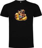 Zwart T-Shirt met “Kleurrijke Beer in Badeend zwemband – Feest – Vakantie – Chillen “ Print Full Color Maat 2XL