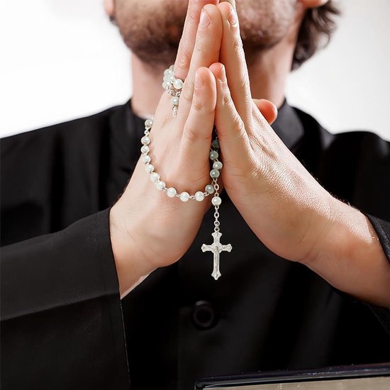 PLCatis Katholieke rozenkrans ketting armband, vintage crucifix parels roze rozenkrans halsketting, christelijk gebed parel rozary met fluwelen zakje, doop communie rozenkrans bruiloft party perla 6