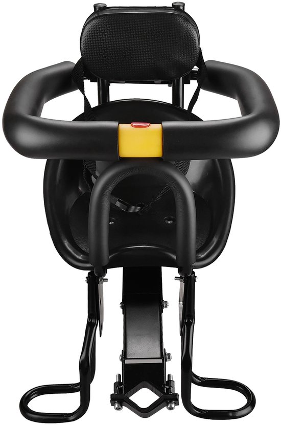 Zwart kinderfietsstoeltje met een comfortabel kussen en zachte rugleuning. Bevestigingsbeugels en veiligheidsgordel zichtbaar.