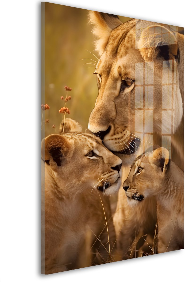 Glasschilderij Liefdevolle leeuwenblik - 30 x 20 cm - Leeuw - Dieren - Acrylaat - Inclusief wandbevestiging - Foto op plexiglas - Wanddecoratie woonkamer