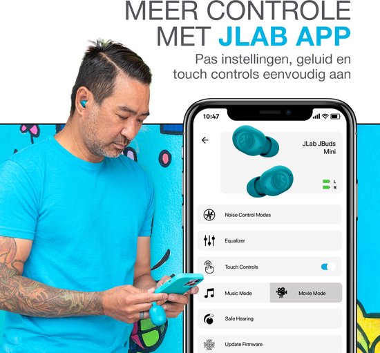 Écouteurs sans fil JLab JBuds Mini - Écouteurs sans fil - Technologie multipoint - Design Ultra petit - Suppression du bruit - Capteurs tactiles - Aqua